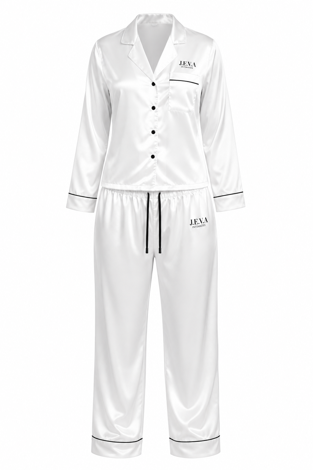 JEVA INTIMATES Satin Pajama Set — White Cloud Silk-Feel Sleepwear