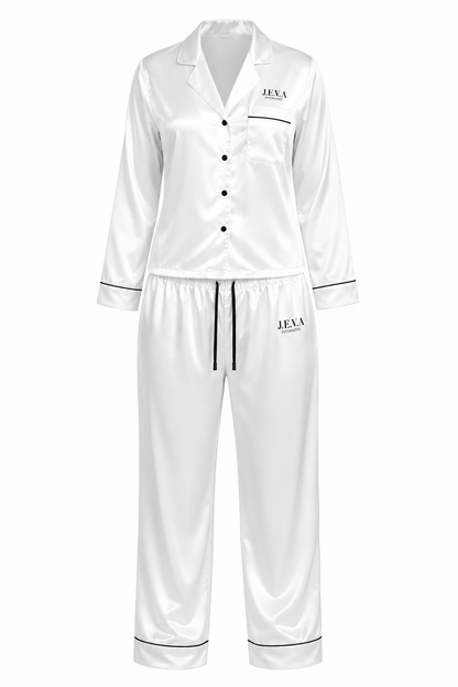 JEVA INTIMATES Satin Pajama Set — White Cloud Silk-Feel Sleepwear